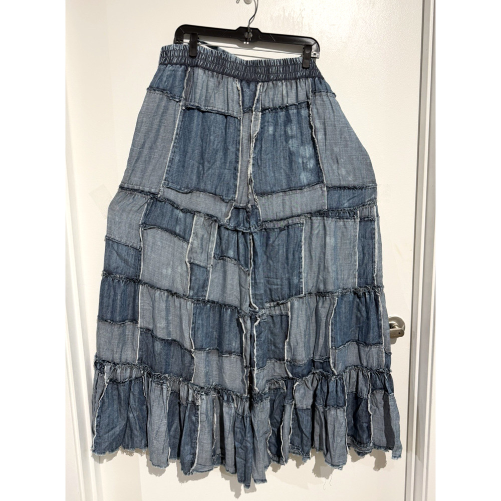 NWT Jaded Gypsy Distressed Patchwork Denim Tencel tiered Palazzo Pants Size L/X - Picture 3 of 16